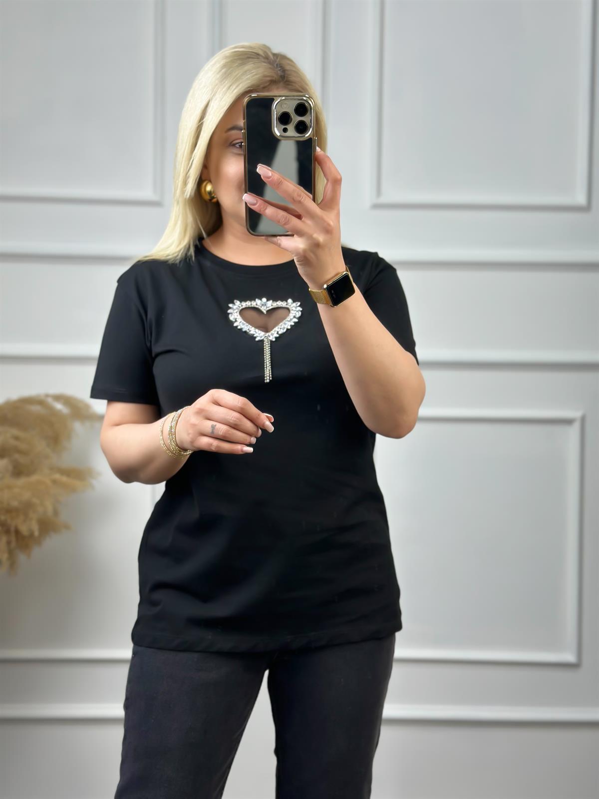Önü Açık Kalpli Taşlı Tshirt SİYAH