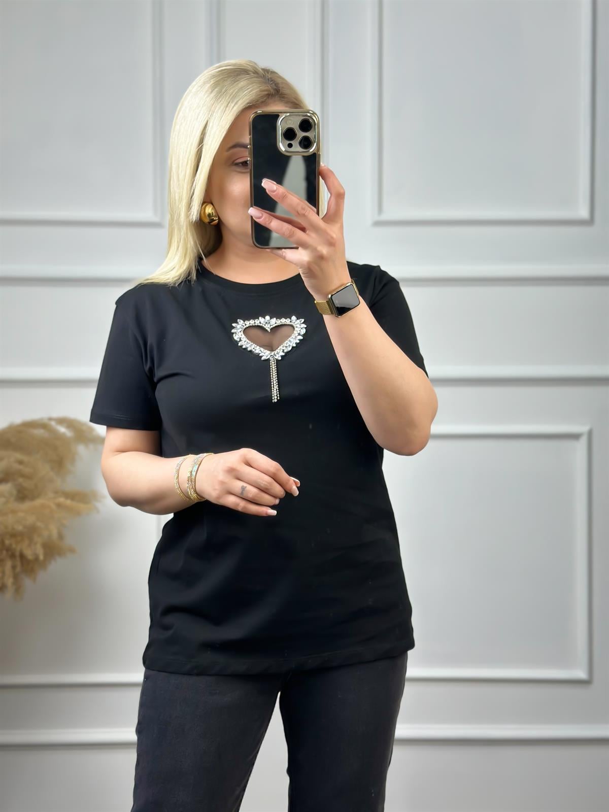 Önü Açık Kalpli Taşlı Tshirt SİYAH