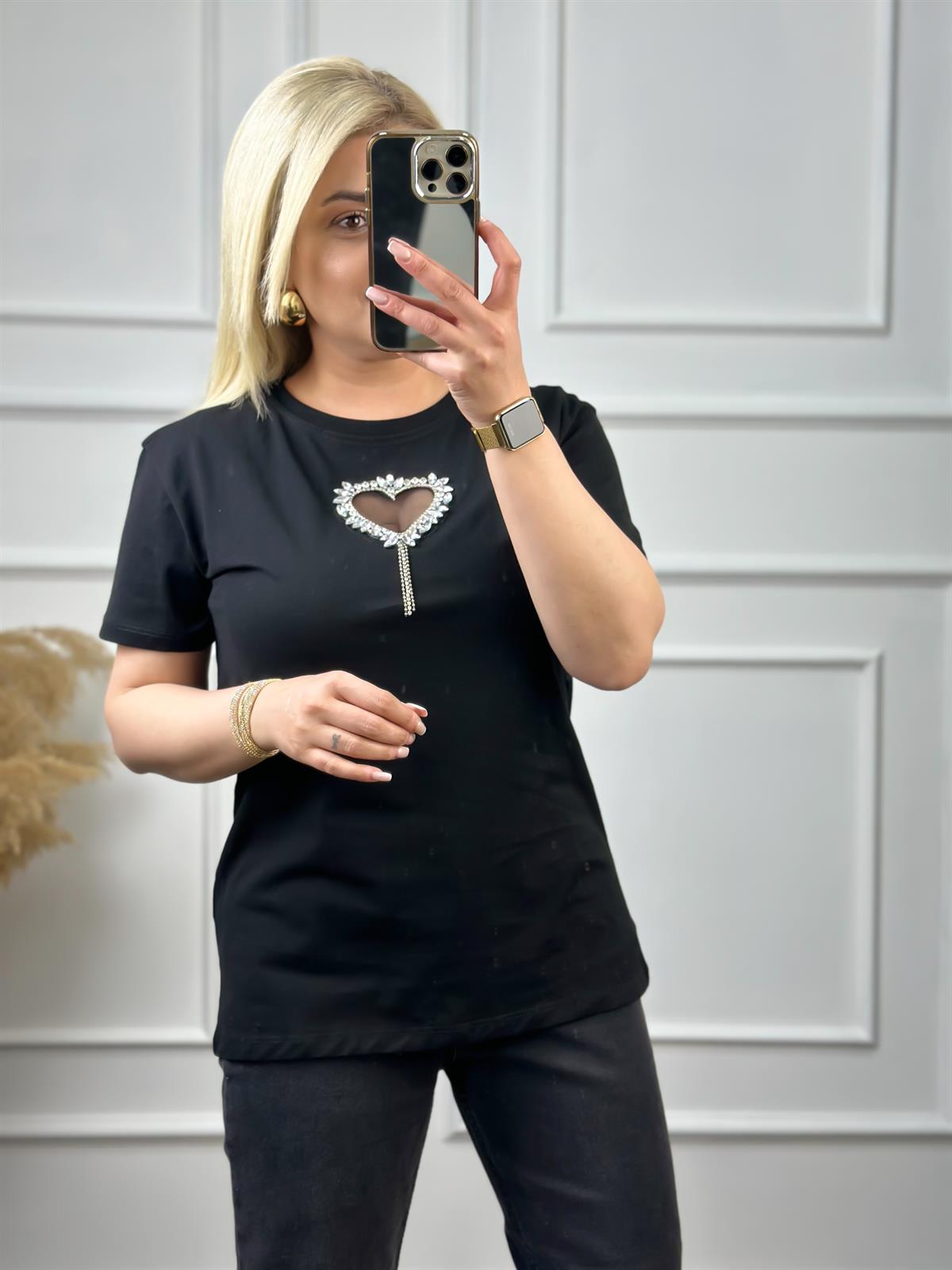 Önü Açık Kalpli Taşlı Tshirt SİYAH