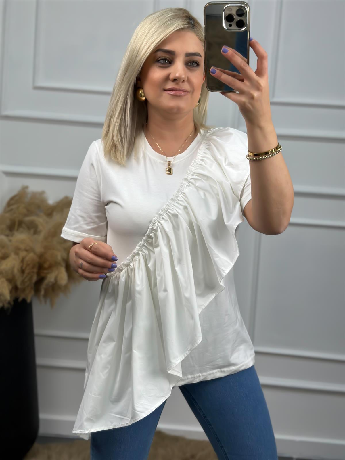 Önü Büzgü Detaylı Kısa Kollu Tshirt BEYAZ