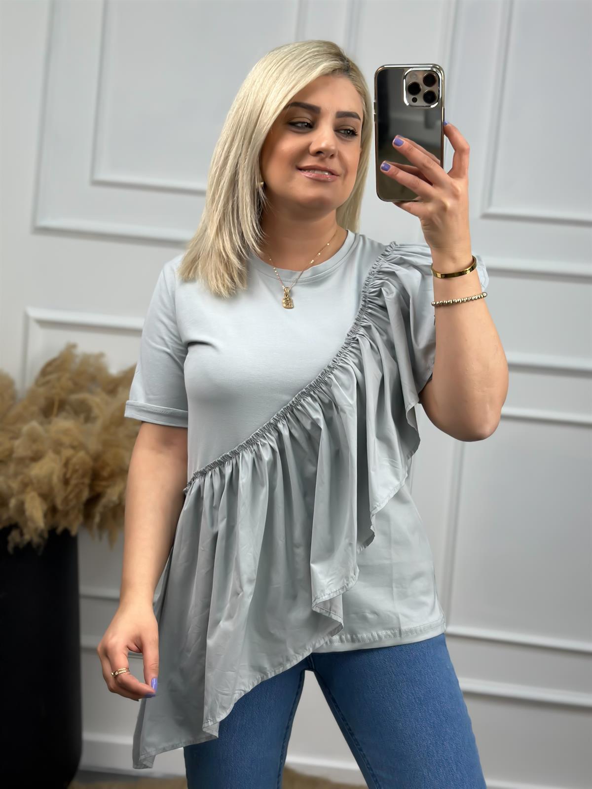 Önü Büzgü Detaylı Kısa Kollu Tshirt GRİ