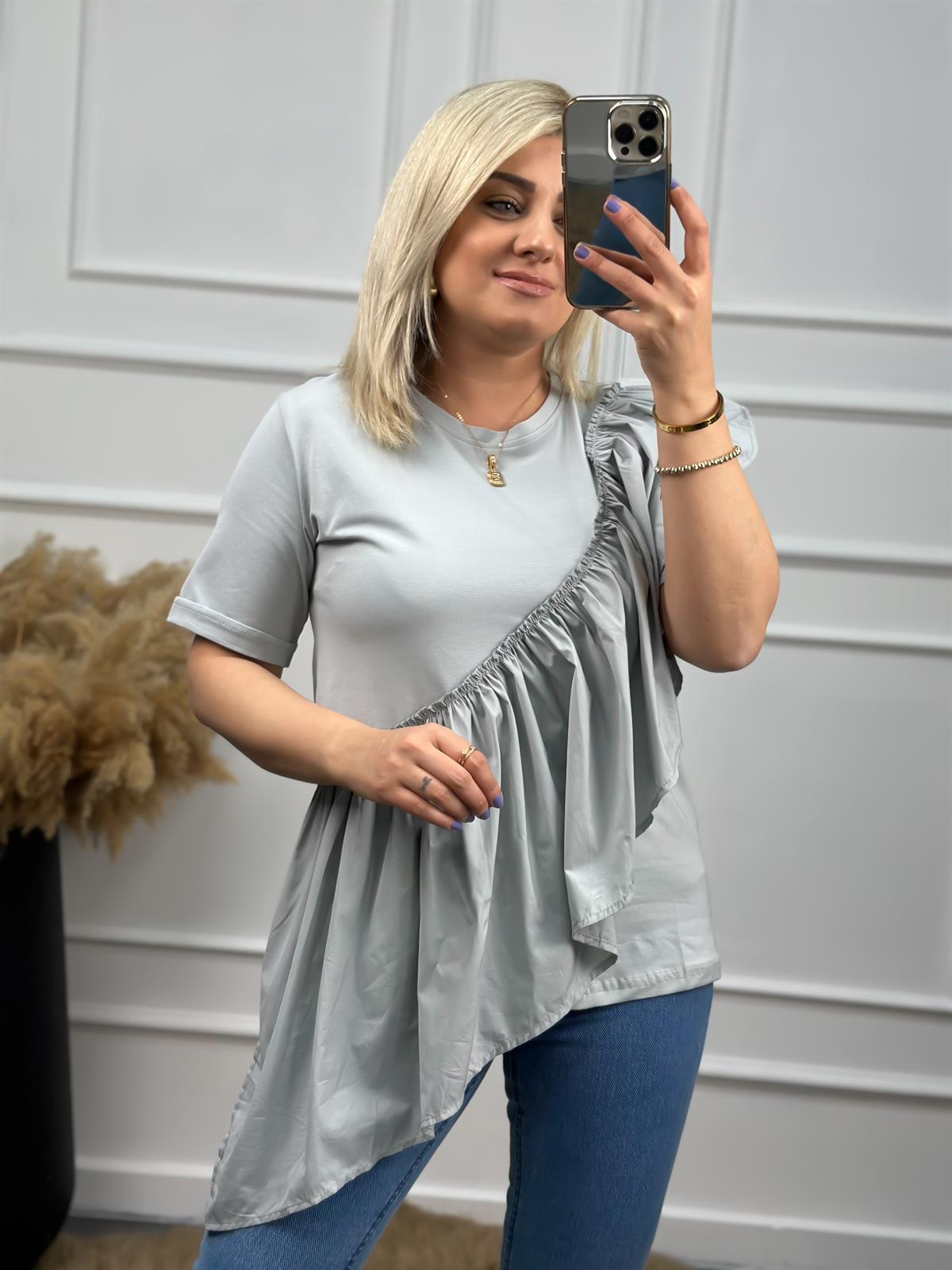 Önü Büzgü Detaylı Kısa Kollu Tshirt GRİ