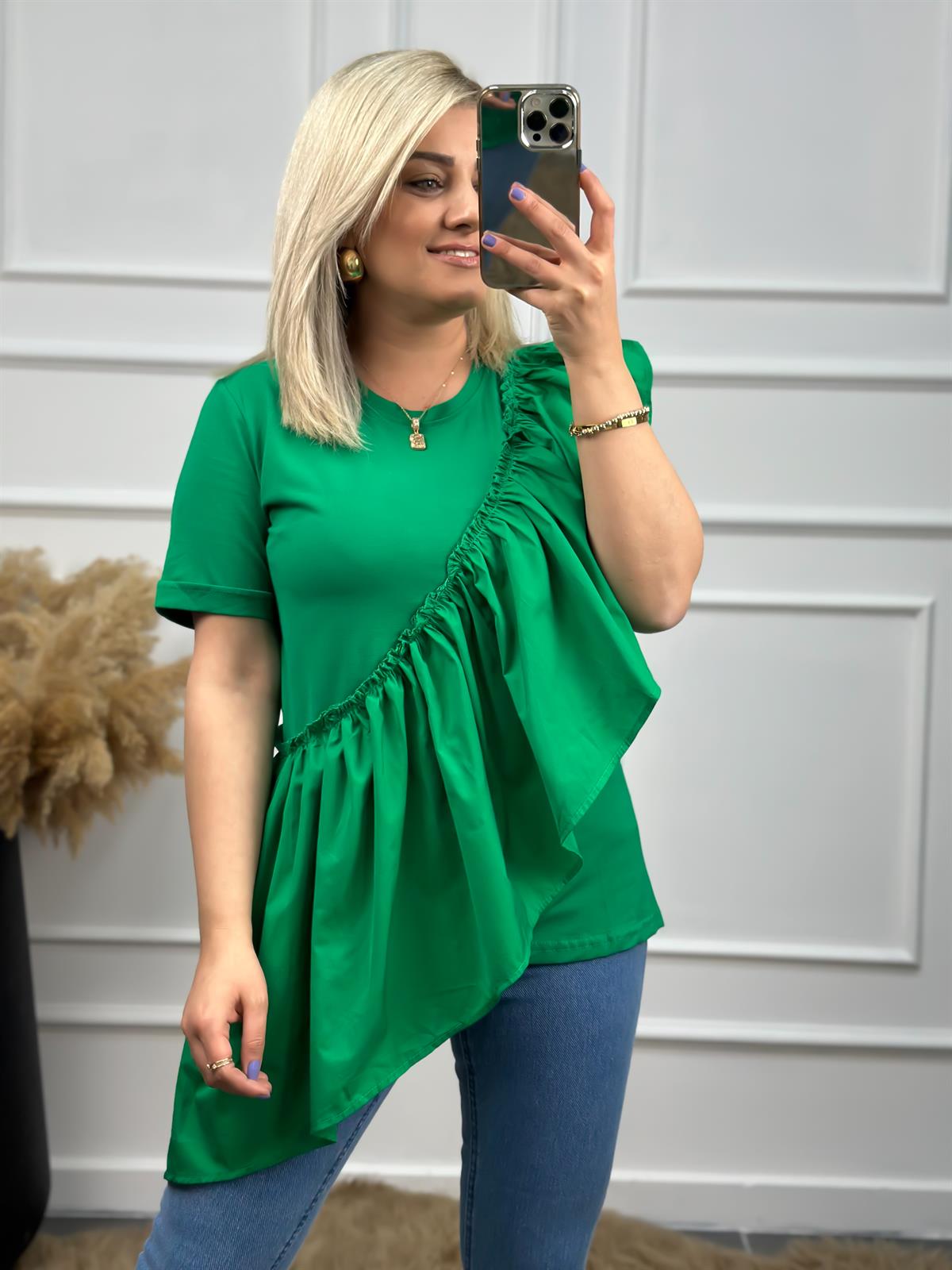 Önü Büzgü Detaylı Kısa Kollu Tshirt YEŞİL
