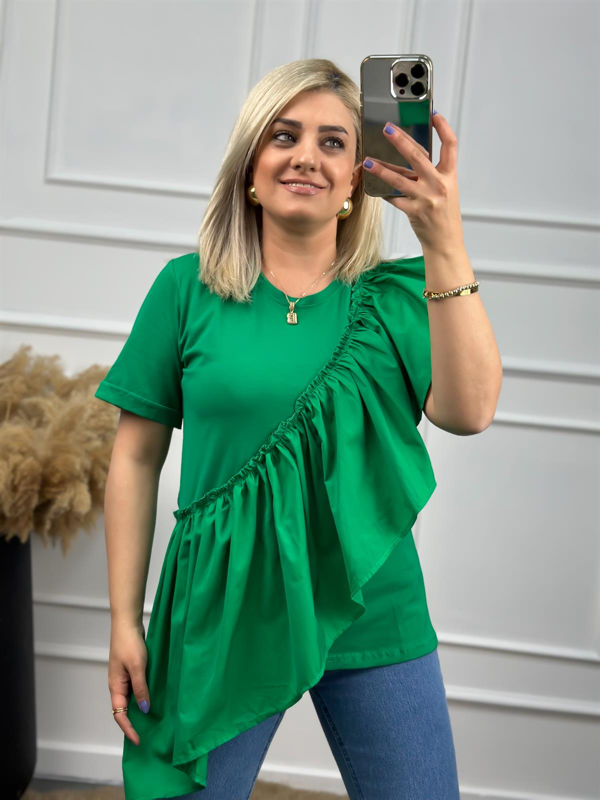 Önü Büzgü Detaylı Kısa Kollu Tshirt YEŞİL