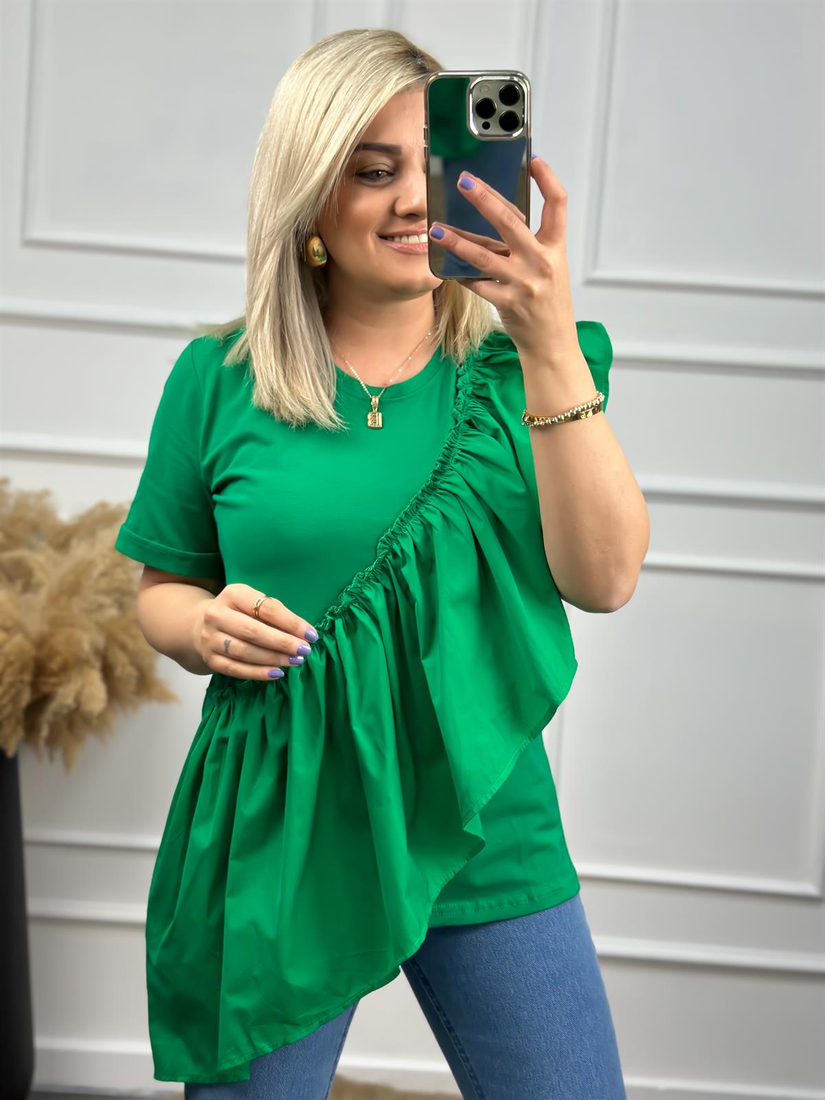 Önü Büzgü Detaylı Kısa Kollu Tshirt YEŞİL