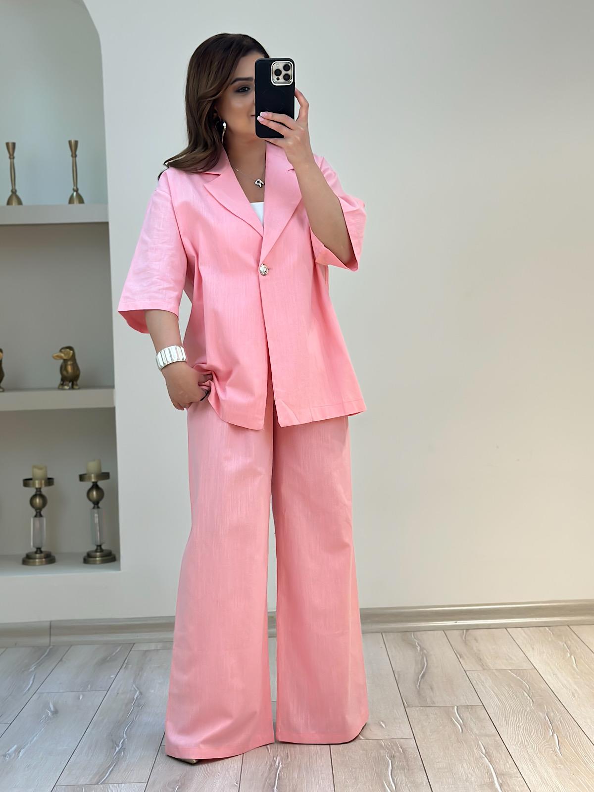 Önü Düğmeli Ceket Pantolon Keten Takım PEMBE