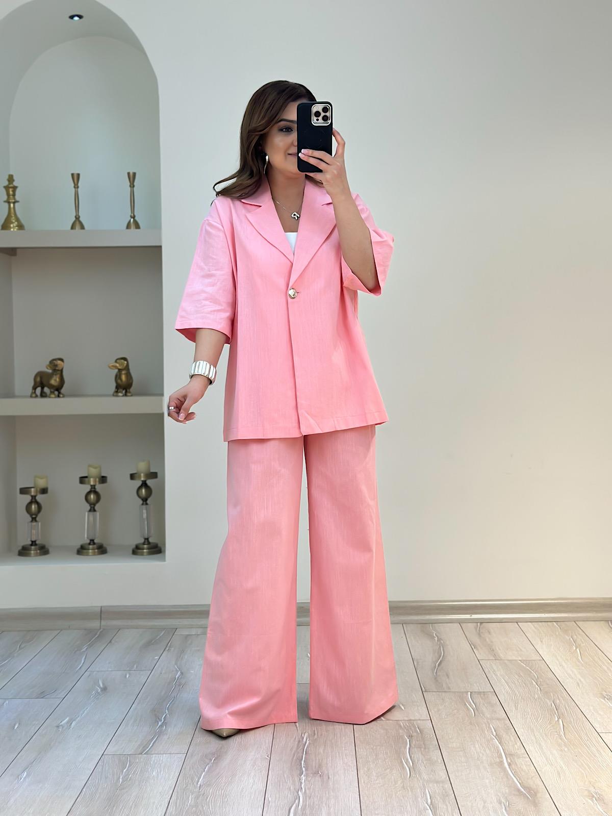Önü Düğmeli Ceket Pantolon Keten Takım PEMBE