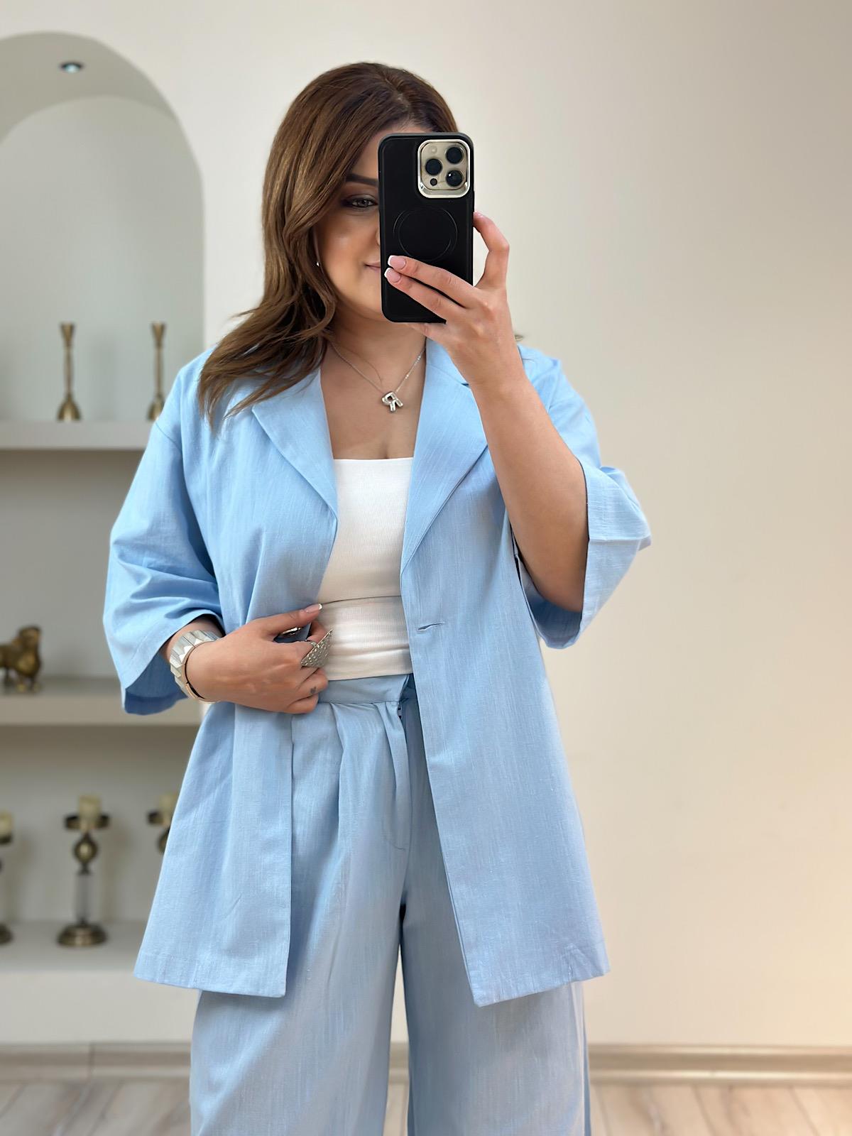 Önü Düğmeli Ceket Pantolon Keten Takım BEBE MAVİ