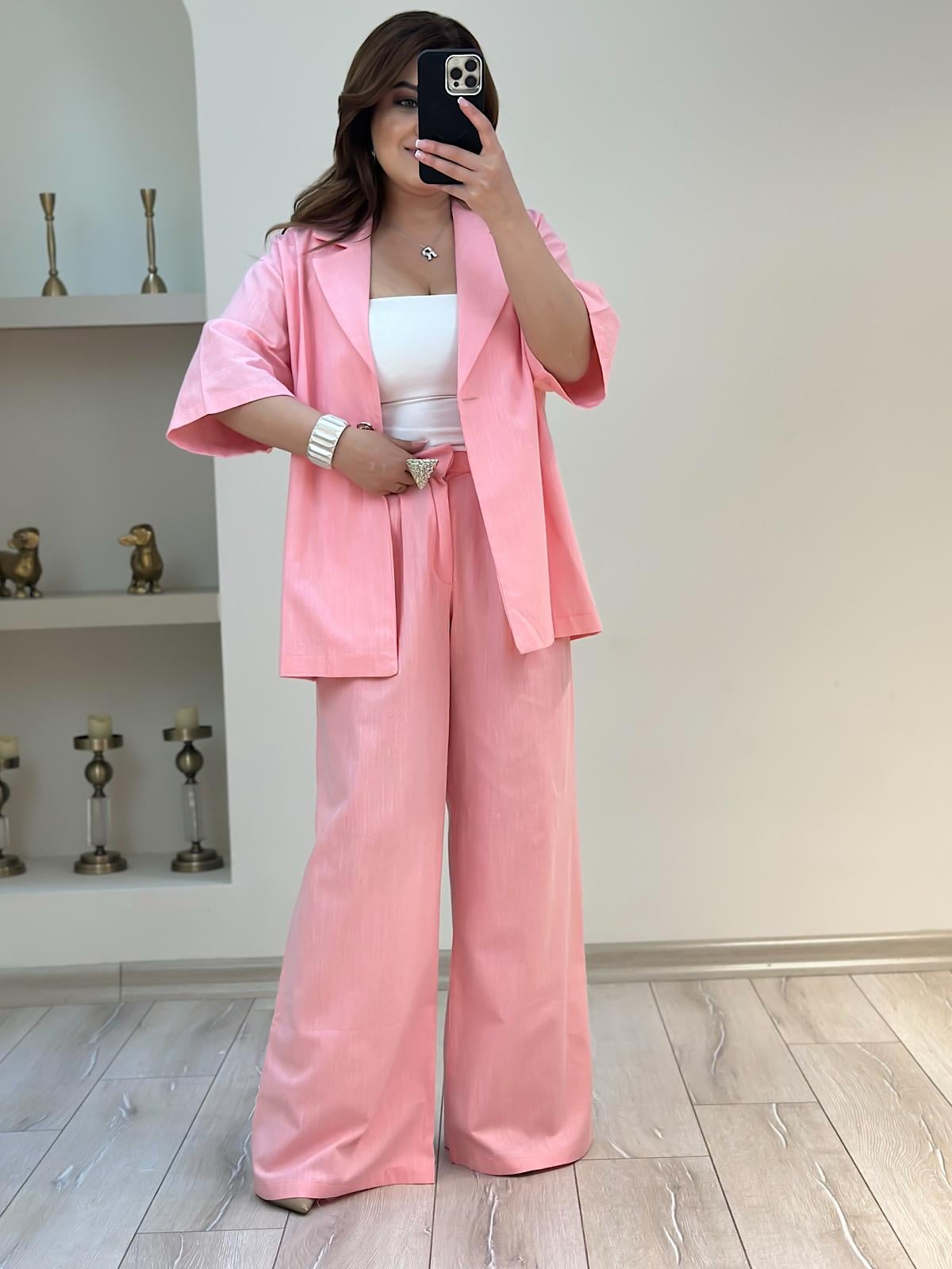 Önü Düğmeli Ceket Pantolon Keten Takım PEMBE