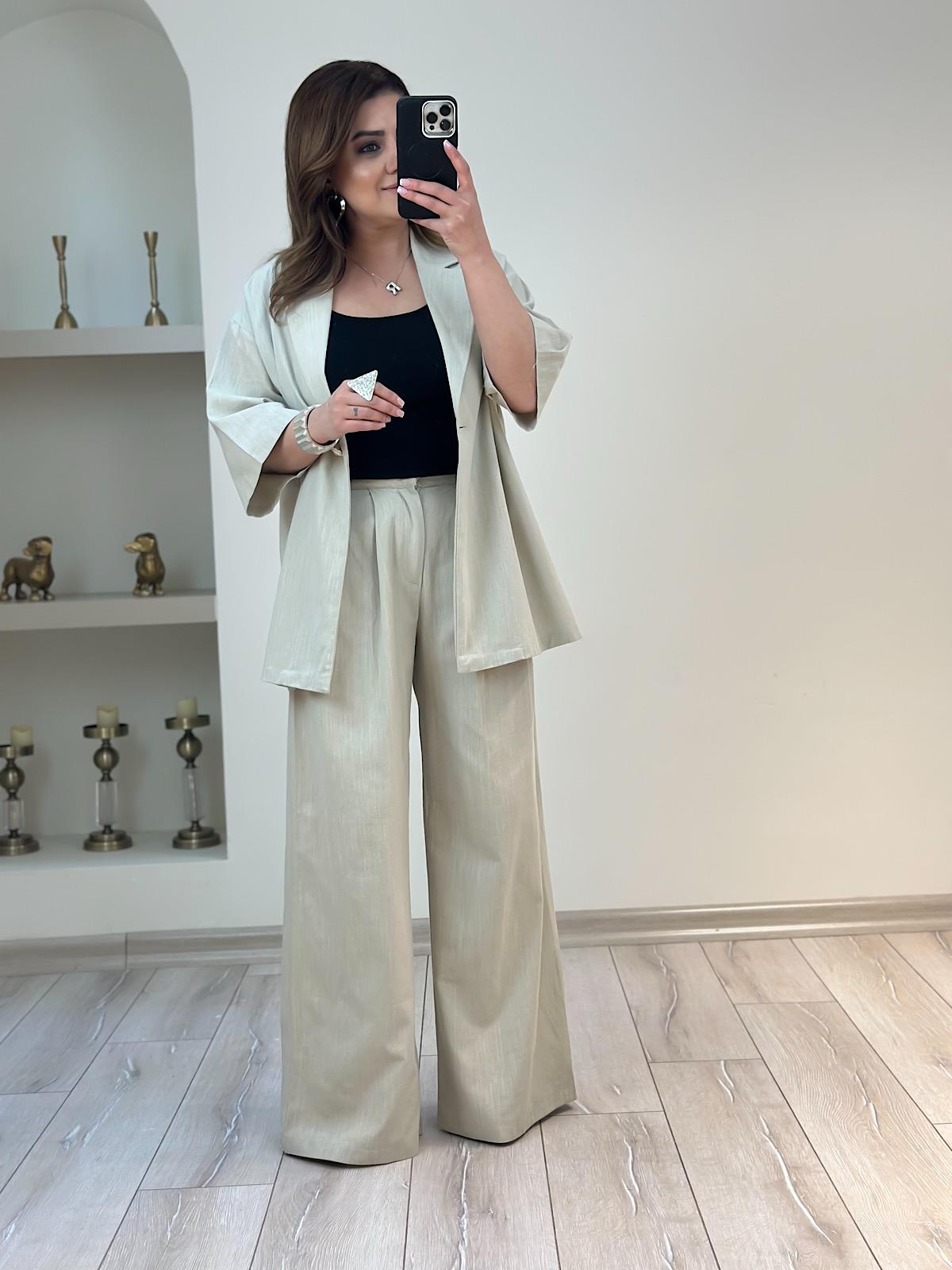 Önü Düğmeli Ceket Pantolon Keten Takım BEJ