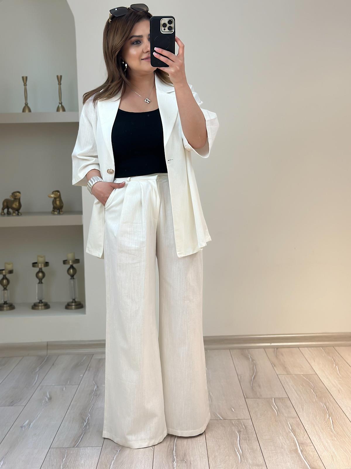 Önü Düğmeli Ceket Pantolon Keten Takım EKRU