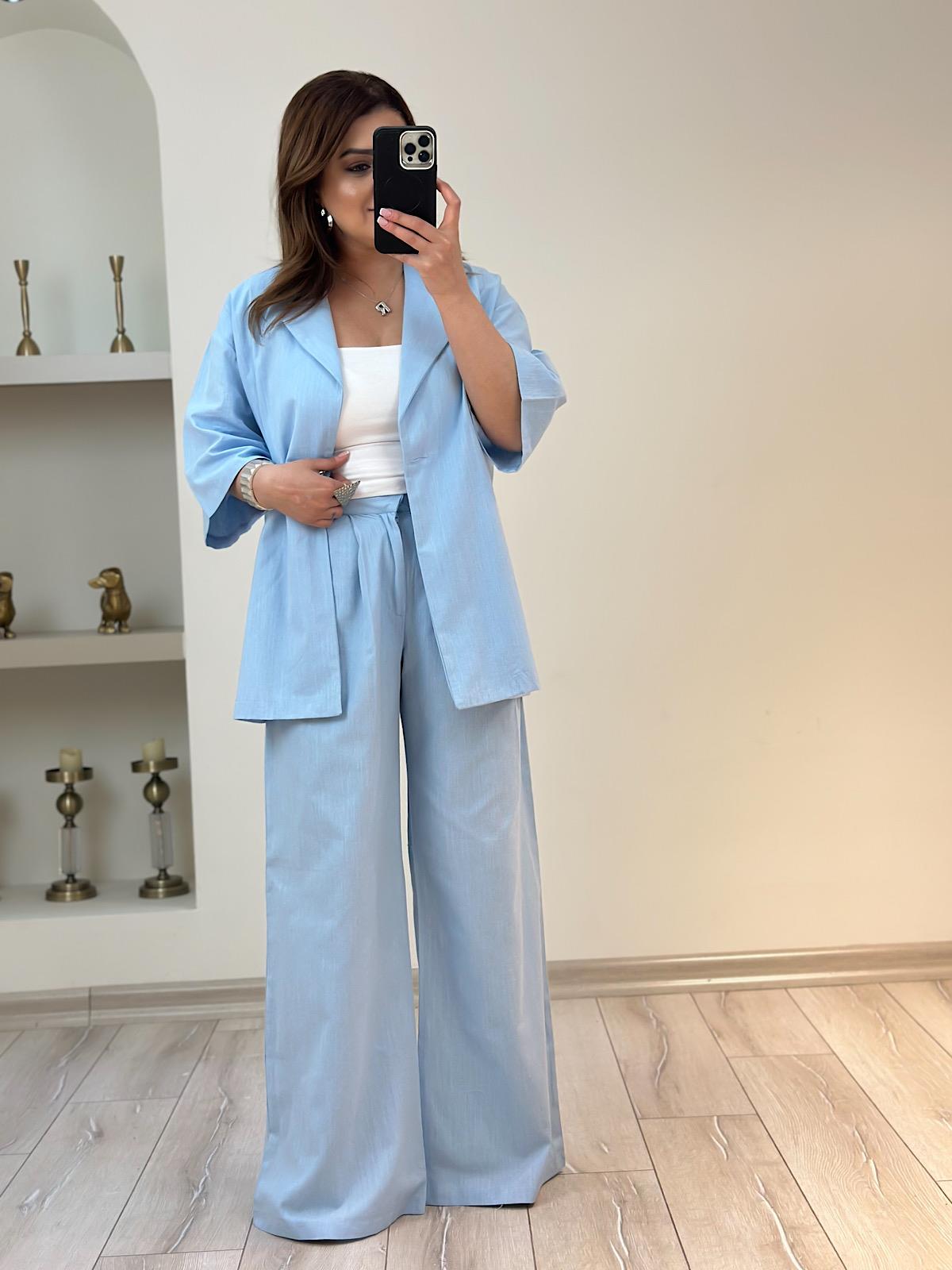 Önü Düğmeli Ceket Pantolon Keten Takım BEBE MAVİ
