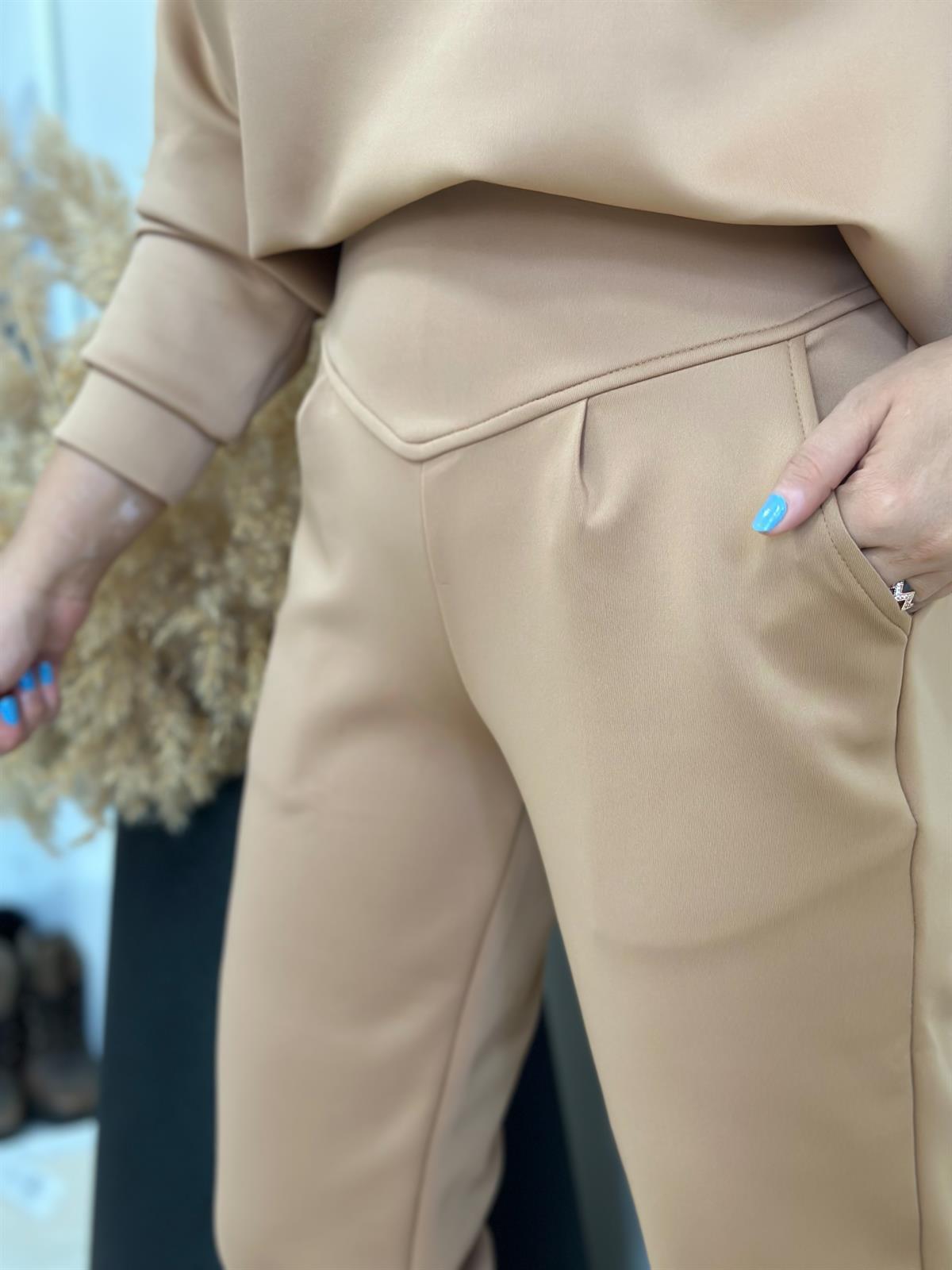 Önü Düz Kemerli Scuba Pantolon CAMEL