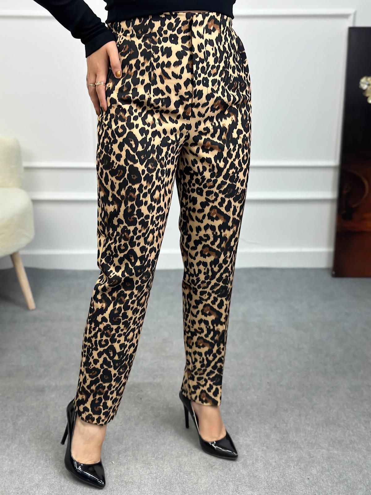 Önü Flotalı Leopar Desen Kumaş Pantolon SİYAH