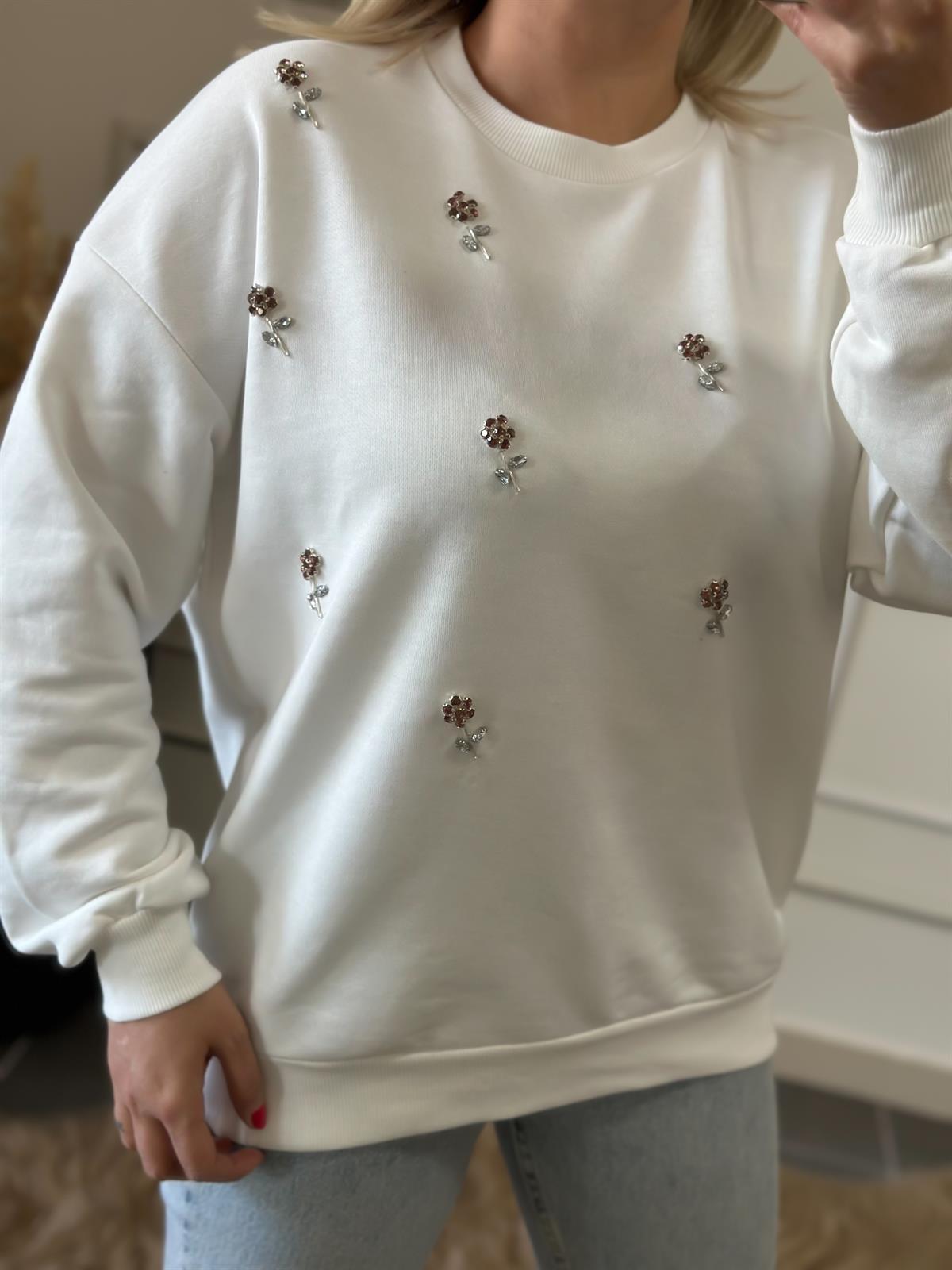 Önü Serpme Taş Çiçek Detaylı Sweatshırt BEYAZ