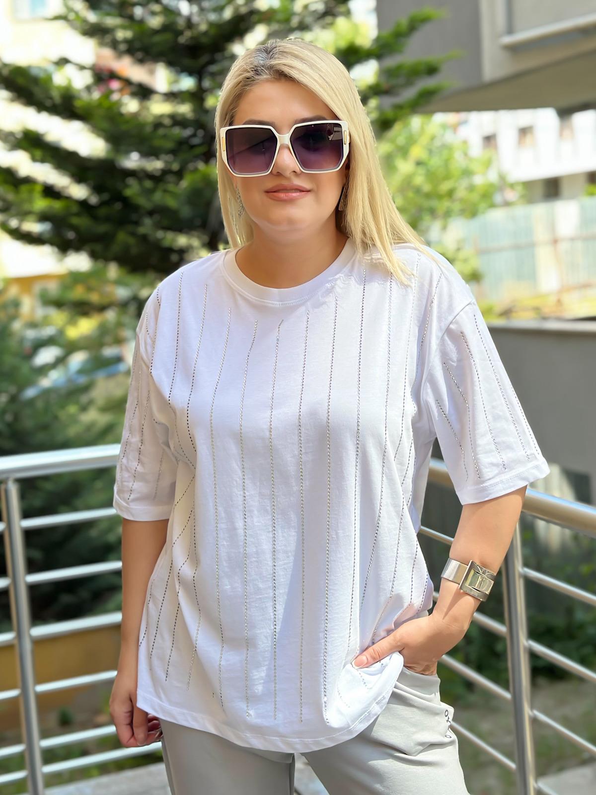 Önü Serpme Taşlı Tshırt BEYAZ