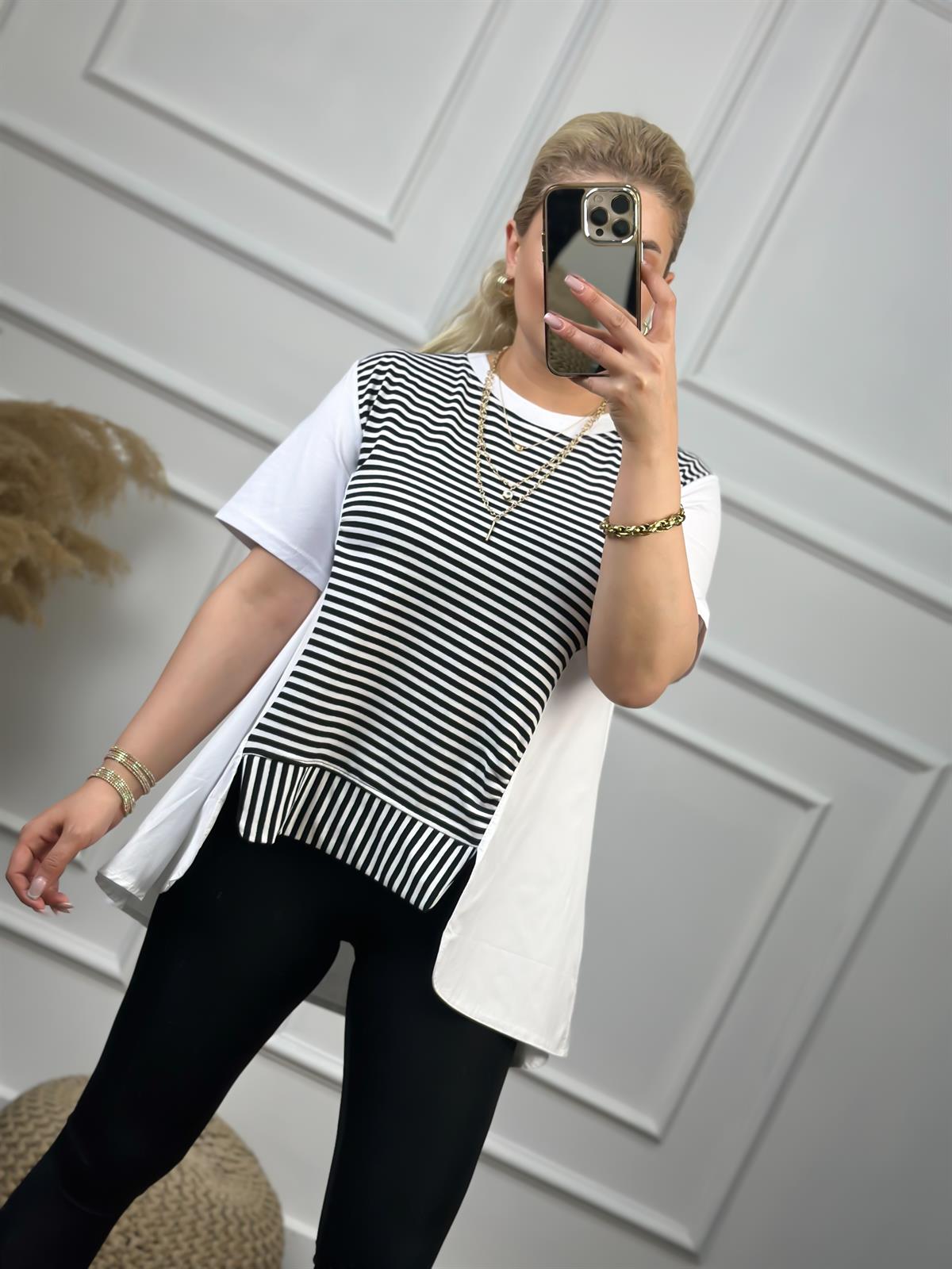 Önü Yırtmaçlı Poplin Detay Çizgili Tshirt BEYAZ