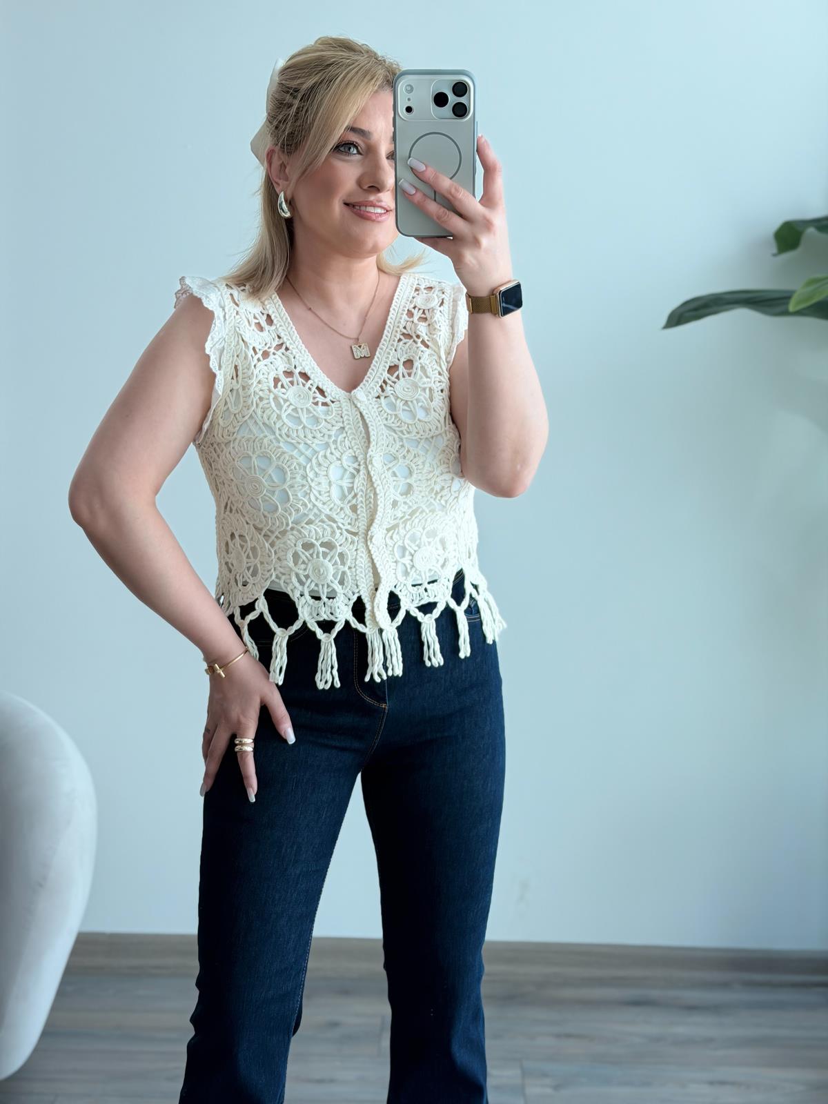 Örgü Detay Bluz EKRU