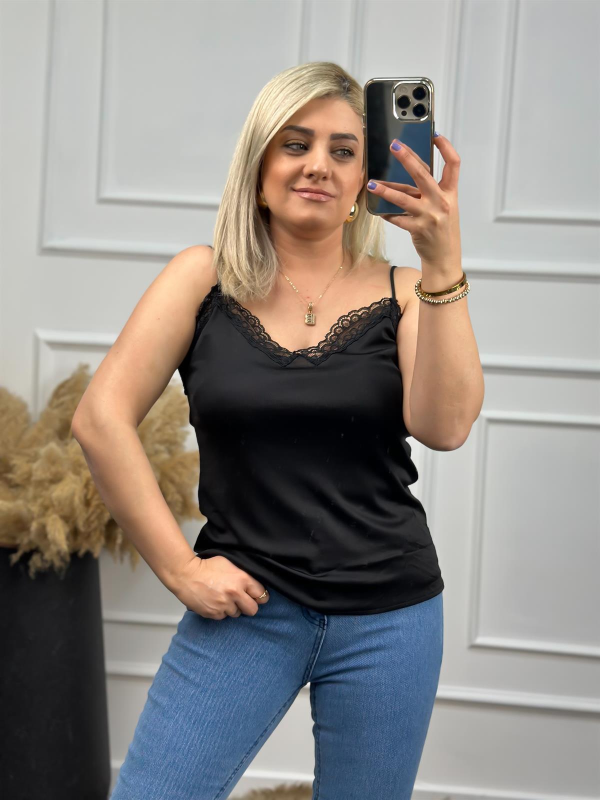 Orjinal Marka Ön Arka Dantel Detaylı İp Askı Atlet SİYAH