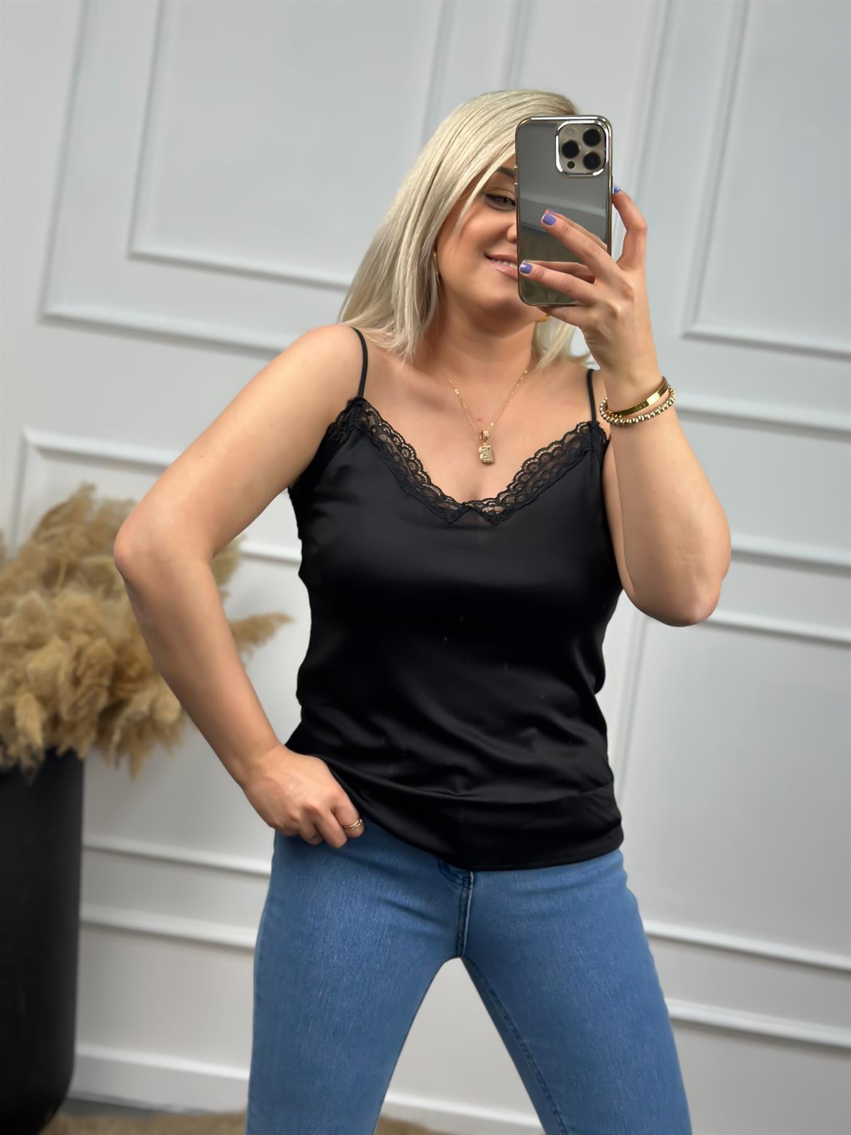 Orjinal Marka Ön Arka Dantel Detaylı İp Askı Atlet SİYAH