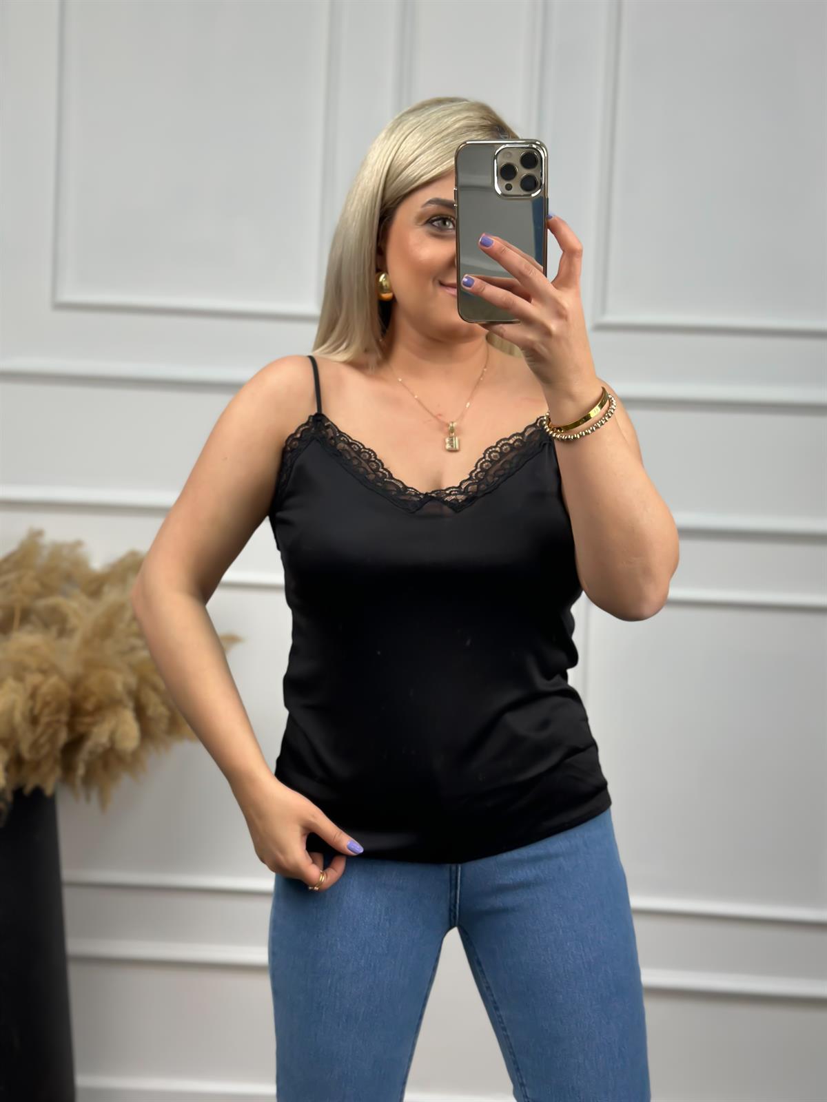 Orjinal Marka Ön Arka Dantel Detaylı İp Askı Atlet SİYAH