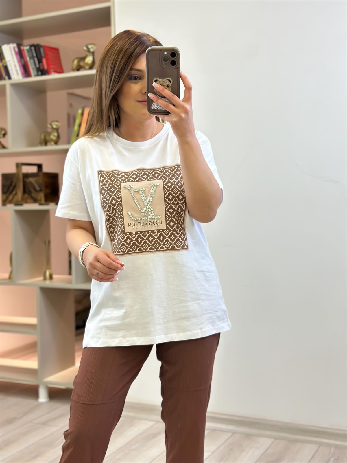 Orjinal Marka Taş Detaylı Tshirt BEYAZ