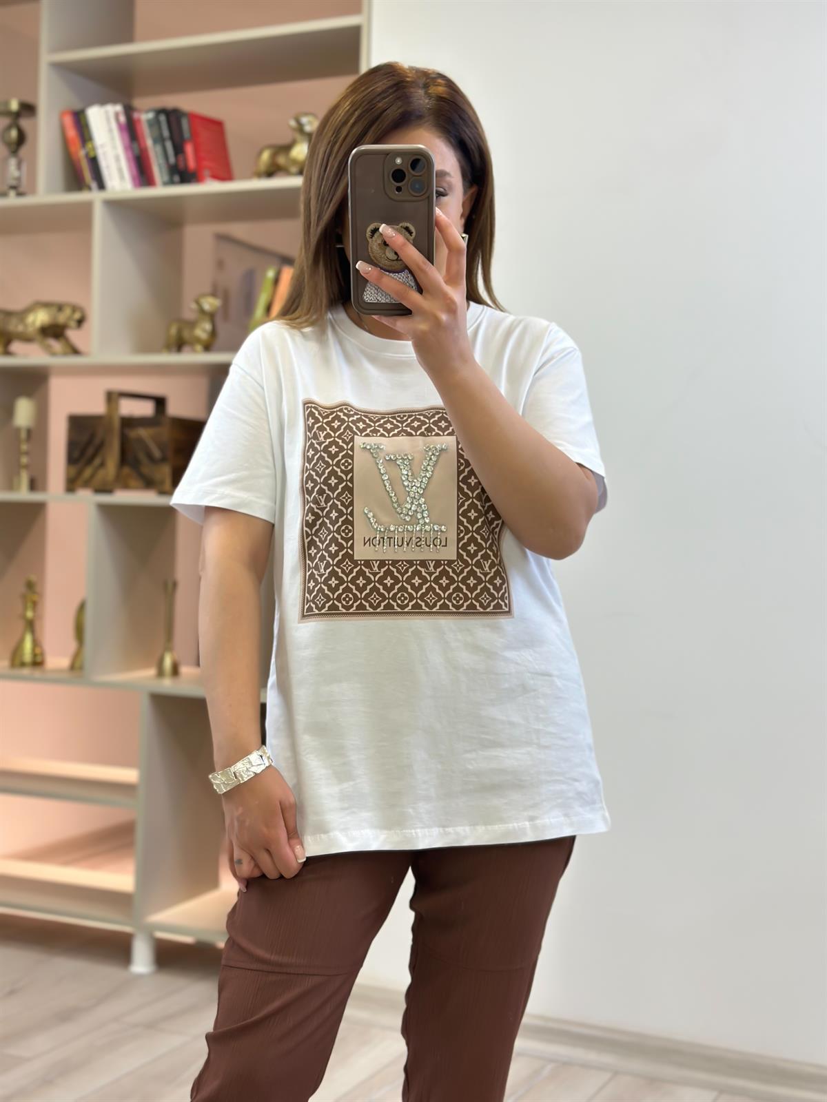 Orjinal Marka Taş Detaylı Tshirt BEYAZ