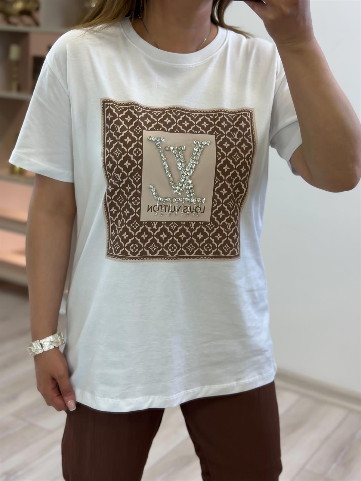 Orjinal Marka Taş Detaylı Tshirt BEYAZ
