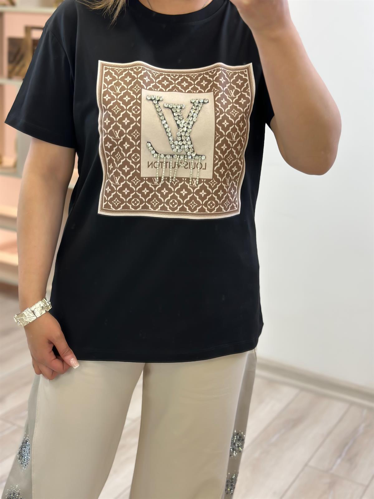 Orjinal Marka Taş Detaylı Tshirt SİYAH