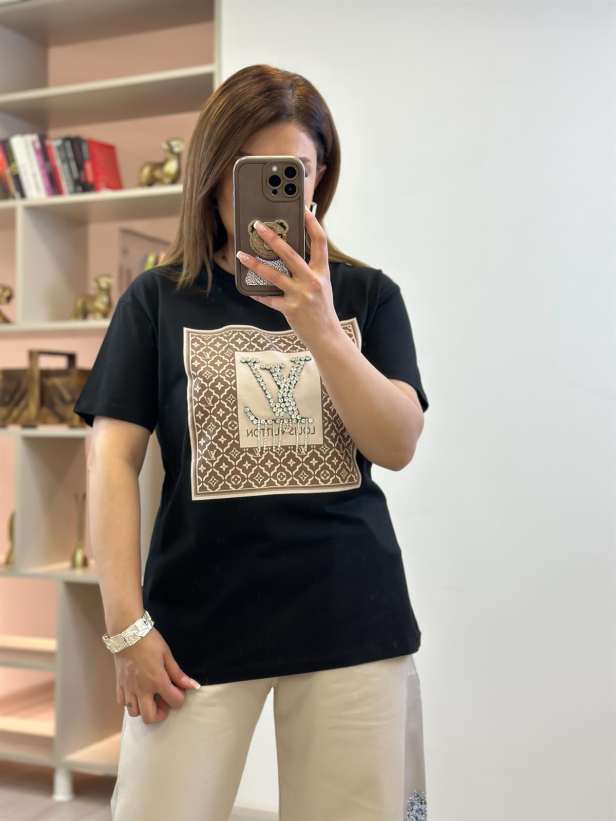 Orjinal Marka Taş Detaylı Tshirt SİYAH