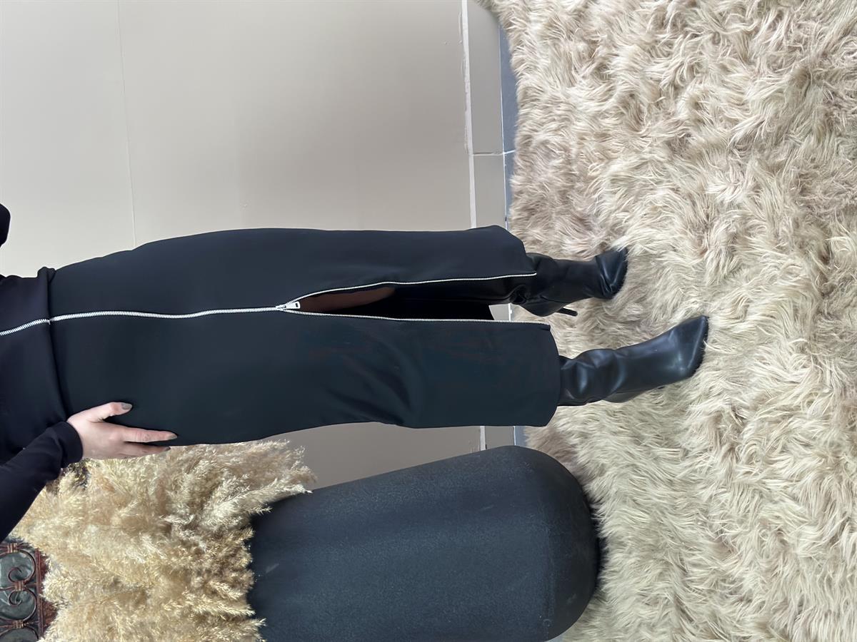 Ottoman Kumaş Maxi Boy Önden Fermuarlı Yüksek Bel Etek SİYAH