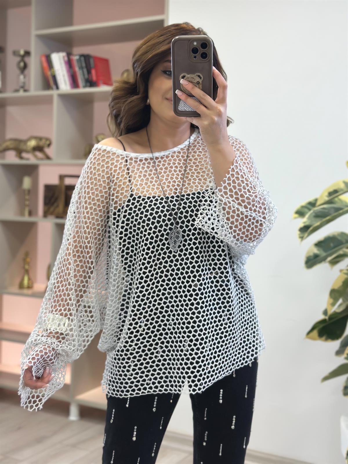 Oversize Simli File Bluz GRİ