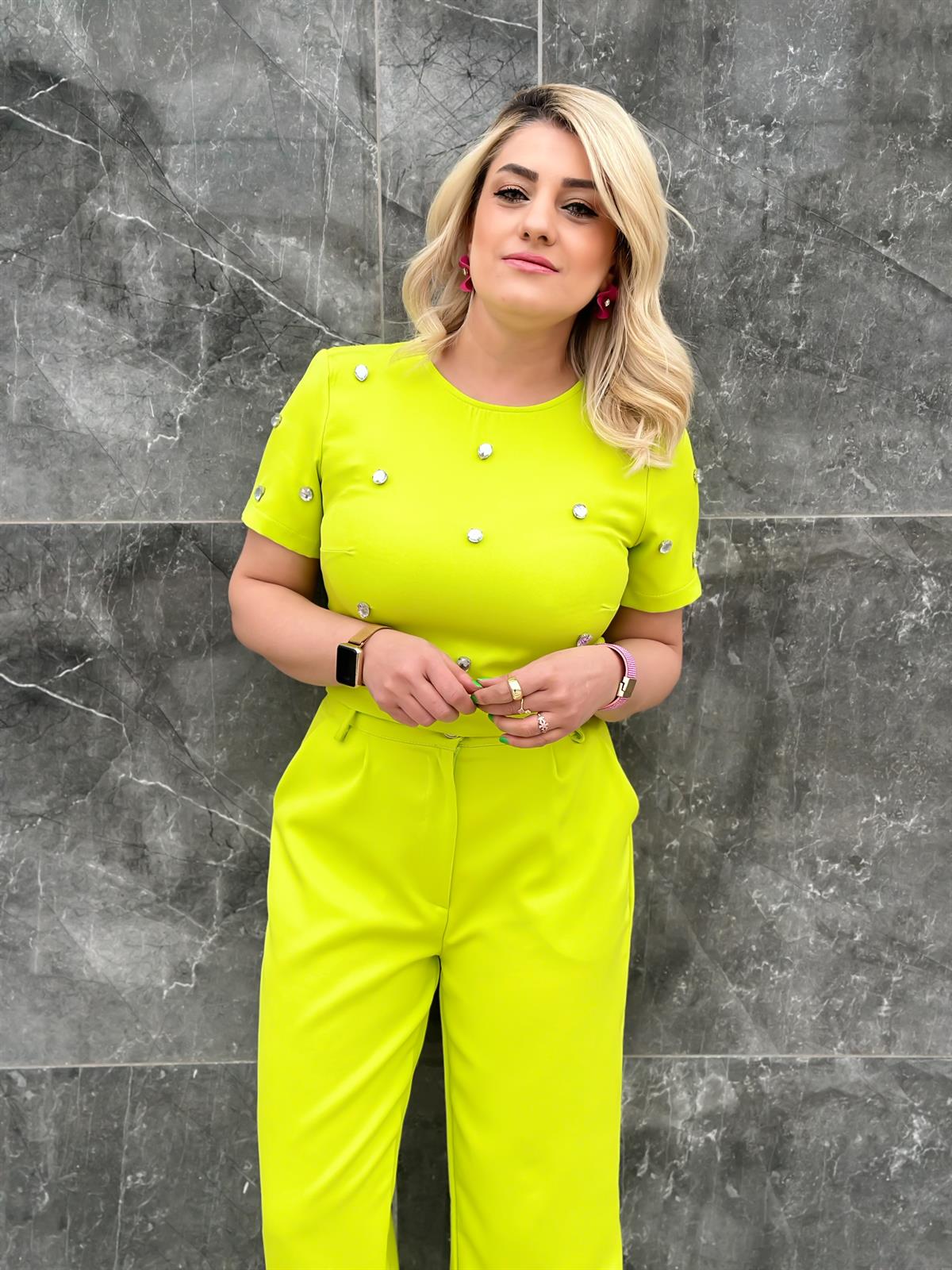 Özel Dikilmiş Taş Tasarımlı İkili Takım NEON YEŞİL