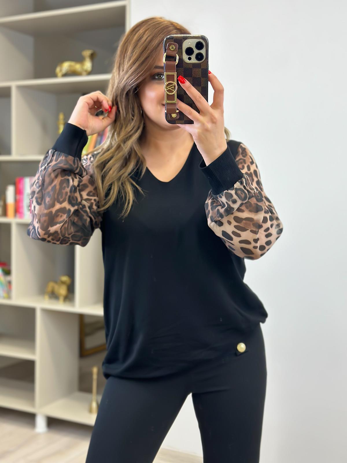 Özel Leopar Desen V yaka Kazak SİYAH