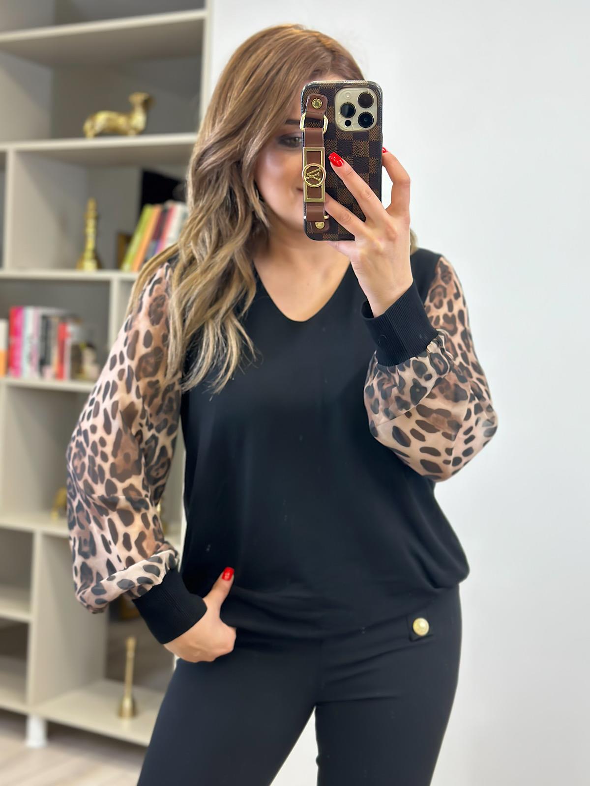 Özel Leopar Desen V yaka Kazak SİYAH