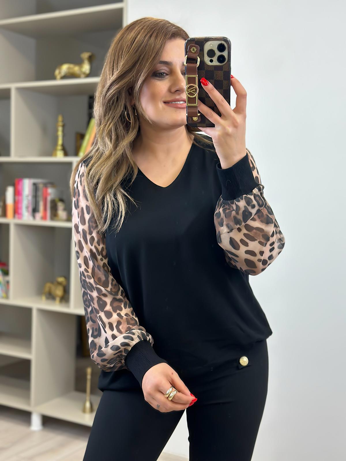 Özel Leopar Desen V yaka Kazak SİYAH