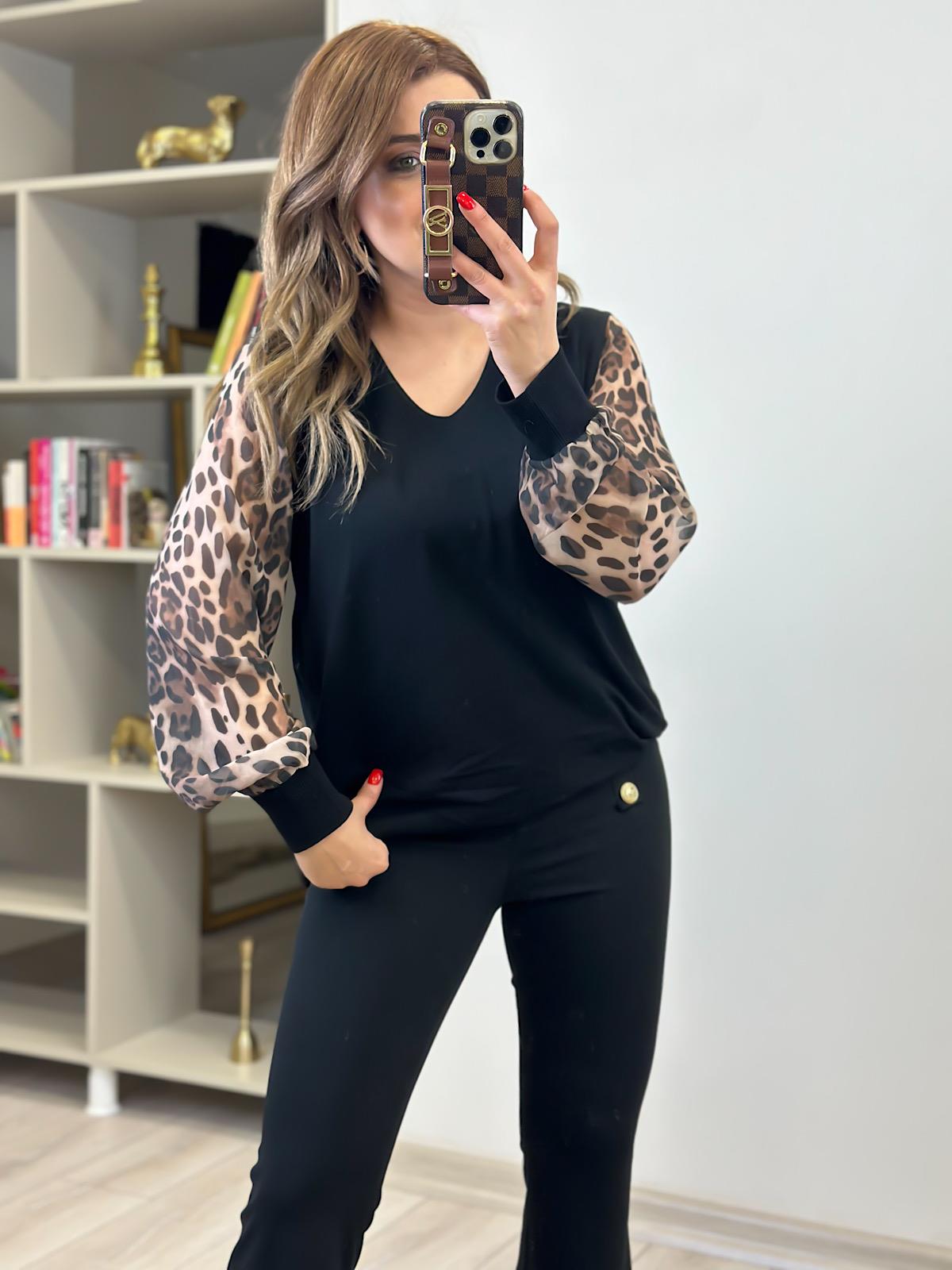 Özel Leopar Desen V yaka Kazak SİYAH