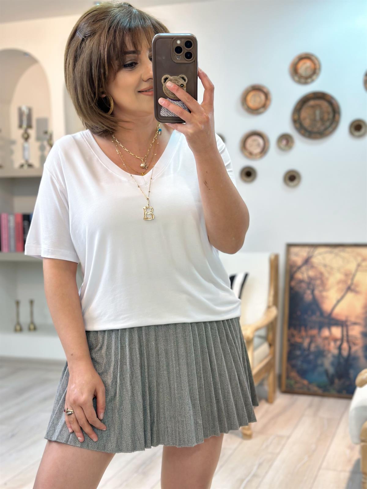Özel Seri V Yaka Basic Pamuklu Modal Tshirt BEYAZ