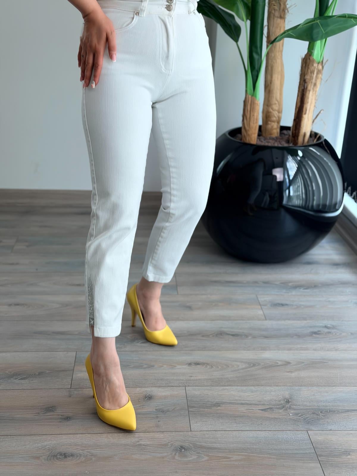 Paça Taşlı Beli Lastkili Kot Pantolon BEYAZ