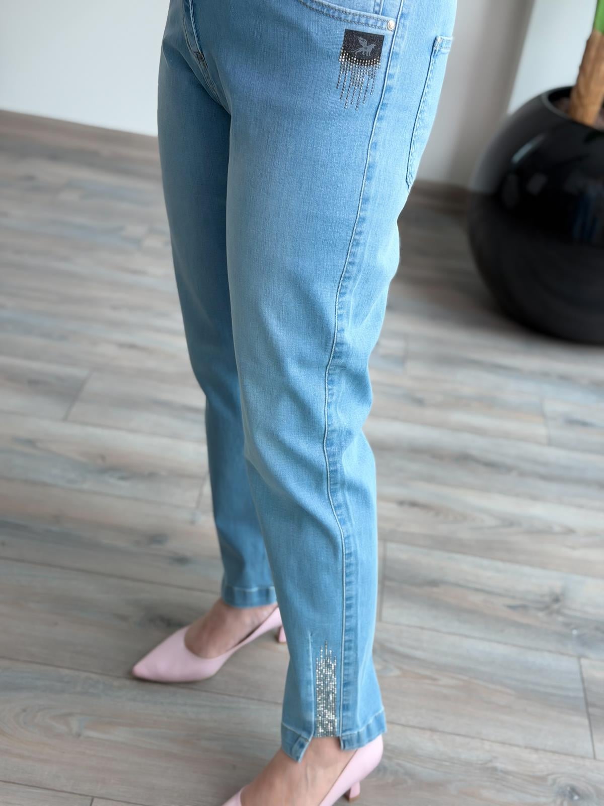 Paça Taşlı Beli Lastkili Kot Pantolon AÇIK MAVİ