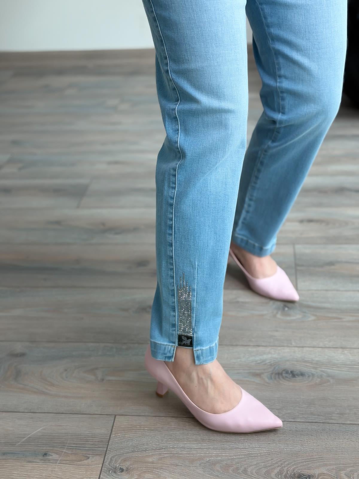 Paça Taşlı Beli Lastkili Kot Pantolon AÇIK MAVİ