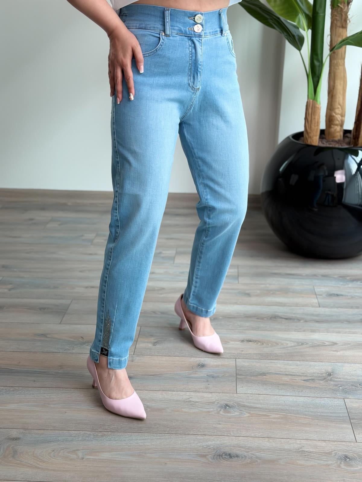 Paça Taşlı Beli Lastkili Kot Pantolon AÇIK MAVİ