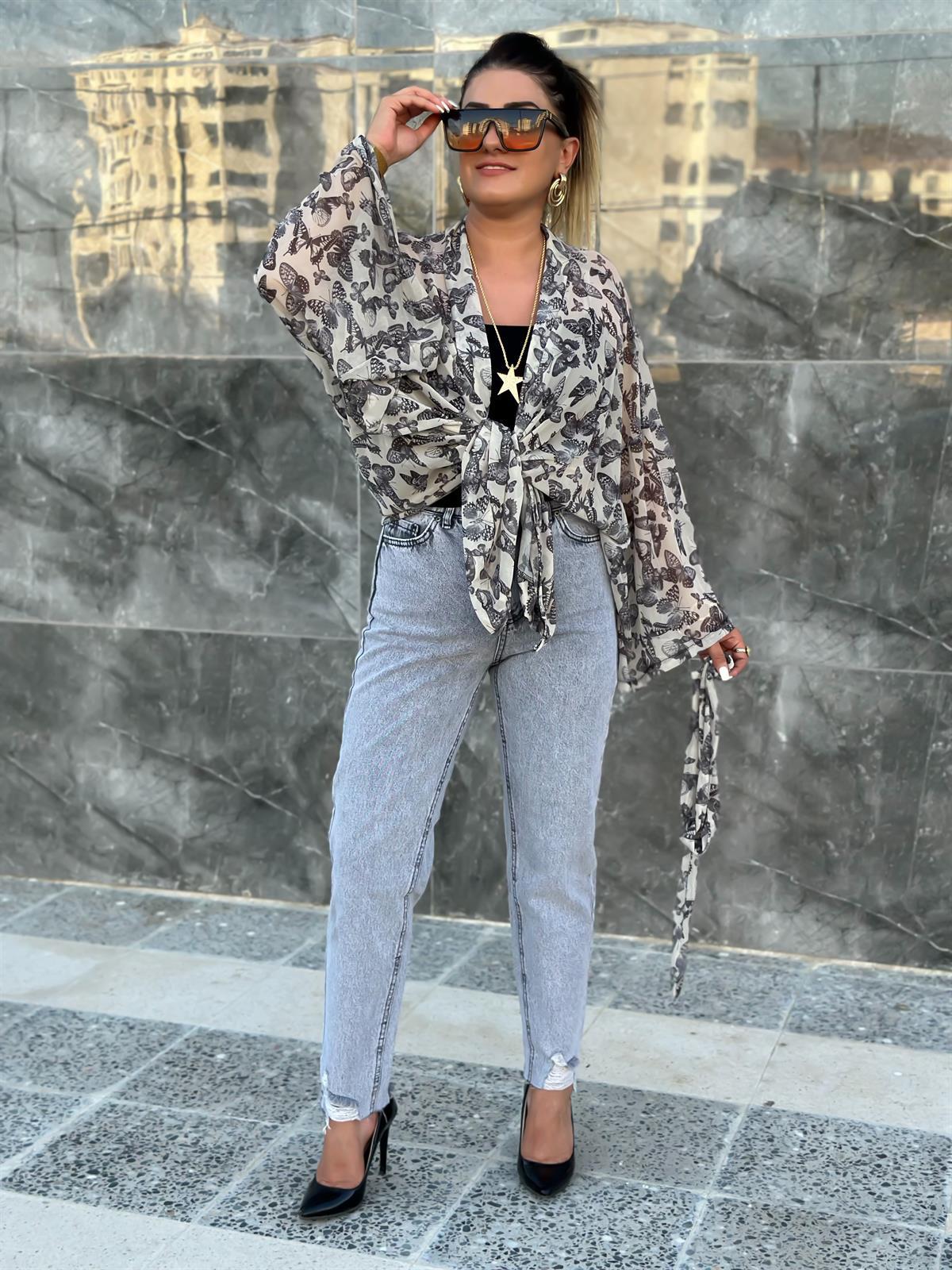 Paçası Yırtık Yüksek Bel Mom Jean GRİ