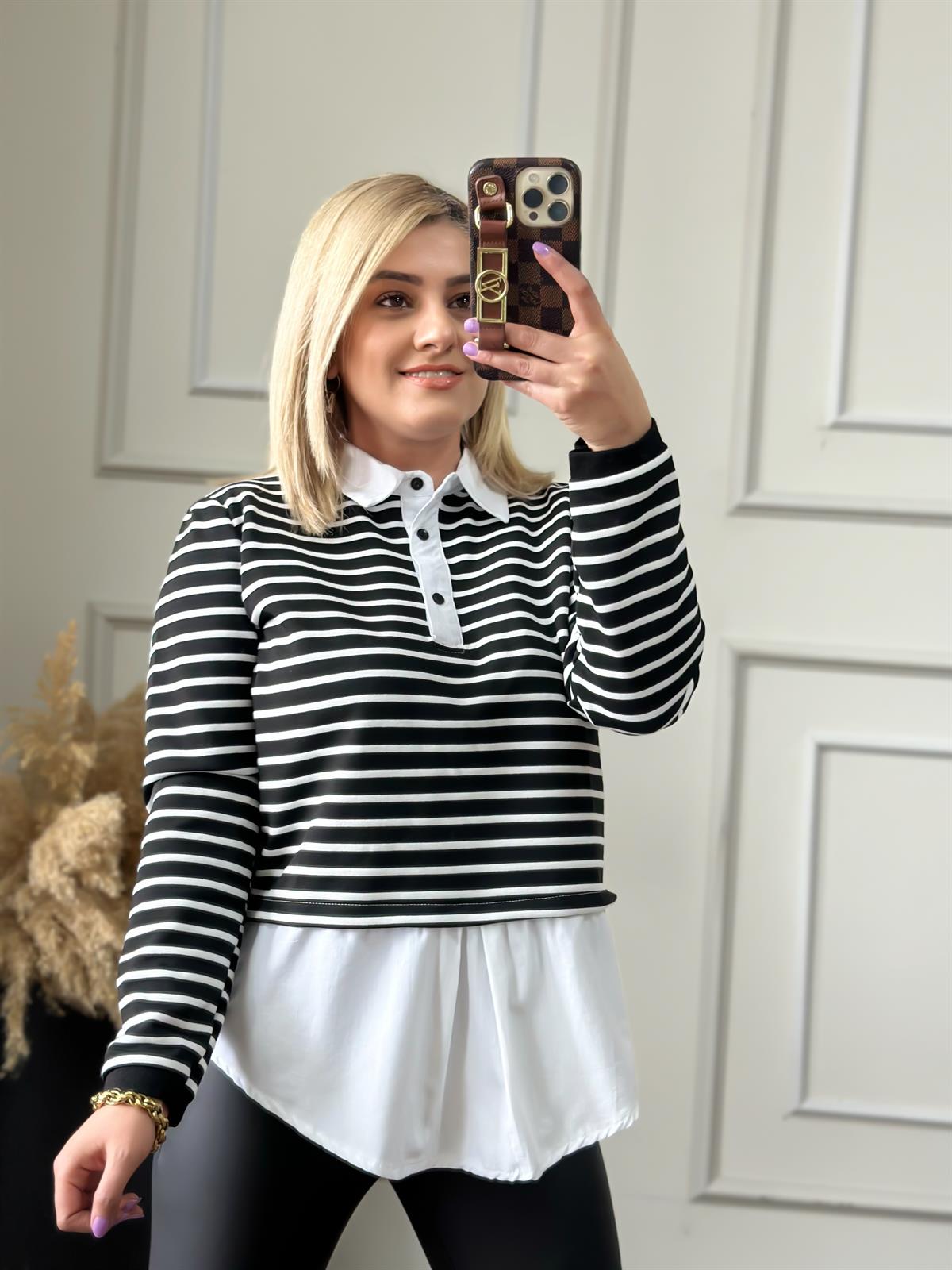 Pamuk Kumaş Çizgili Gömlek Sweatshirt SİYAH