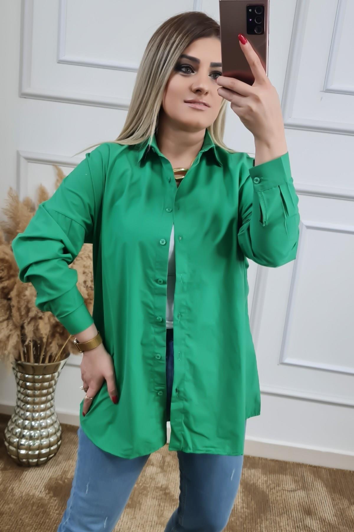 Pamuk Poplin Basic Gömlek YEŞİL