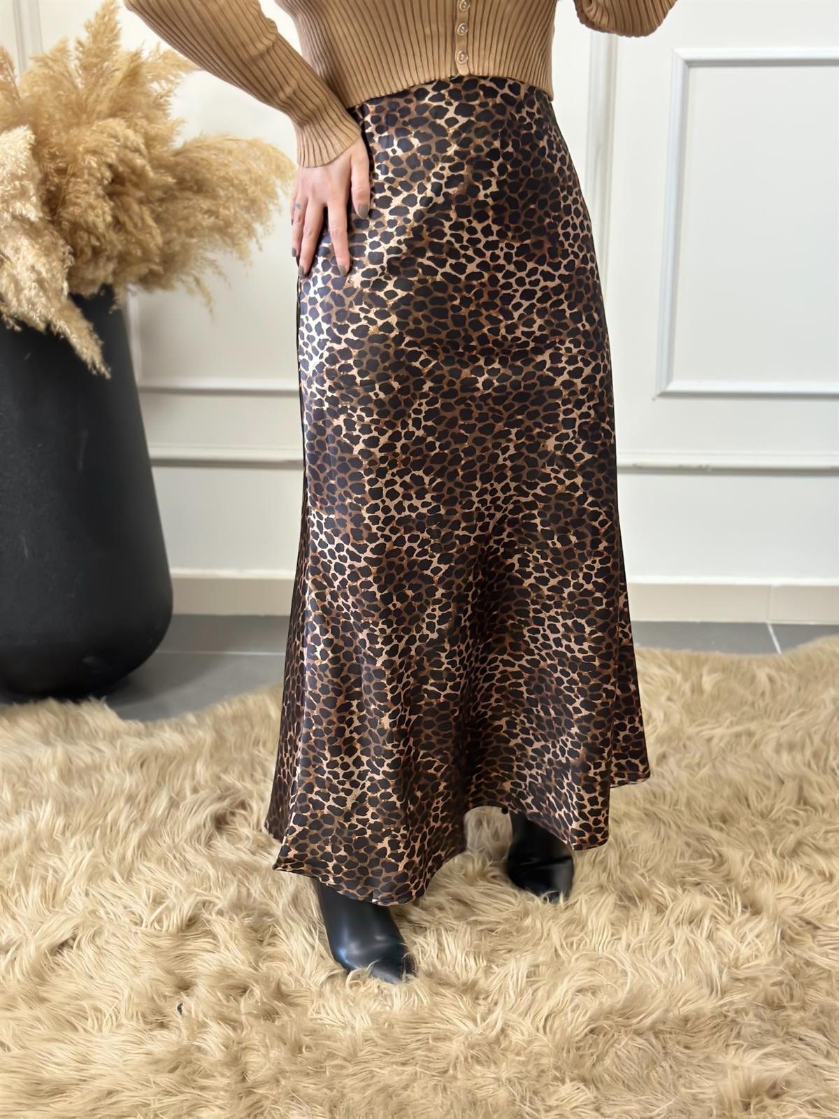 Pamuk Saten Beli Lastikli Midi Boy Saten Etek LEOPAR