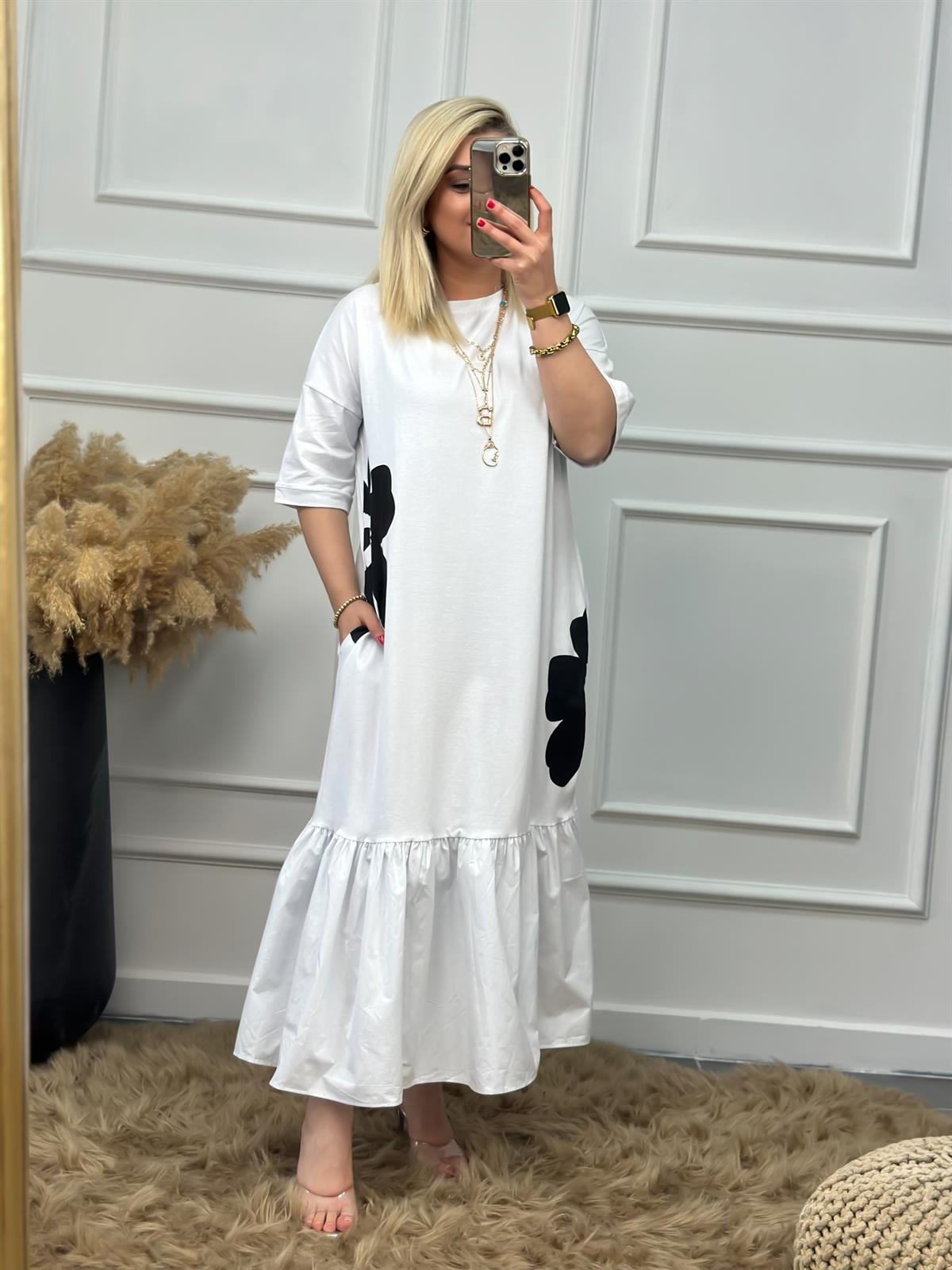Papatya Desenli Poplin Detaylı Elbise BEYAZ