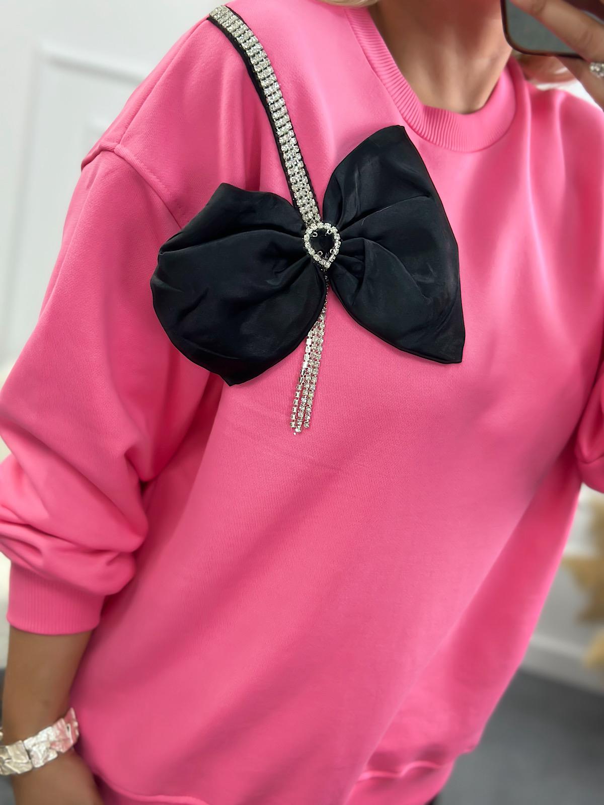 Papyon Detaylı Taş İşleme Bisiklet Yaka Oversize Sweatshirt PEMBE