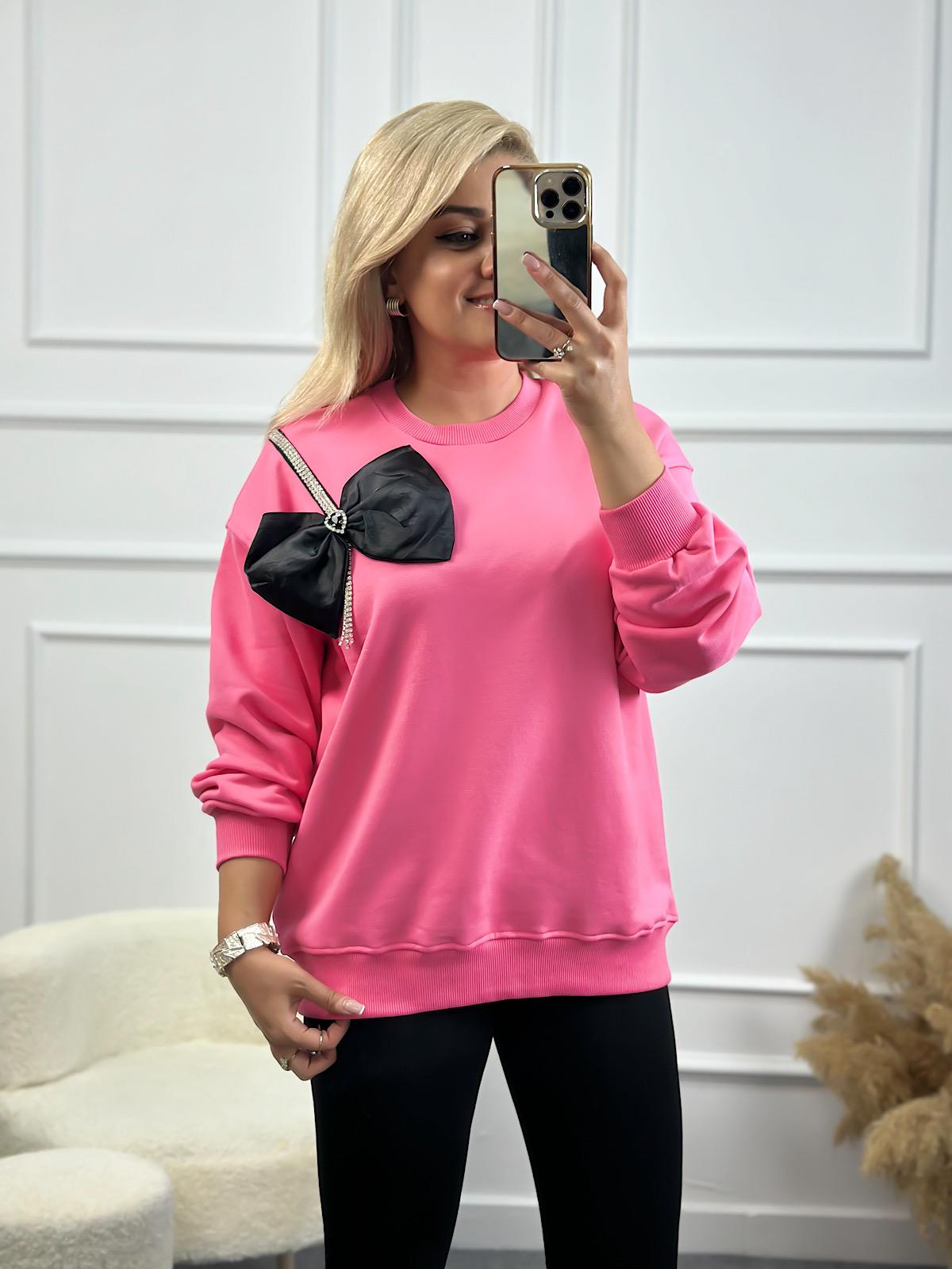 Papyon Detaylı Taş İşleme Bisiklet Yaka Oversize Sweatshirt PEMBE