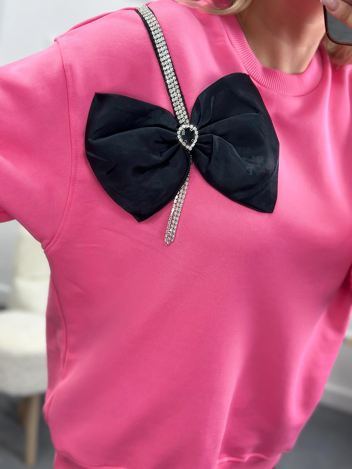 Papyon Detaylı Taş İşleme Bisiklet Yaka Oversize Sweatshirt PEMBE